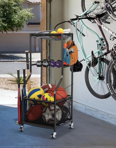 EXTCCT Garage Sports Equipment Organizer, Rolling Ball Storage Cart - color: Black - Small