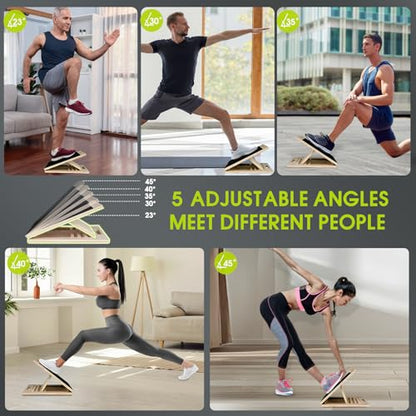 Adjustable Wooden Calf Stretch Board, 350 LBS Portable Slant Board, Physical Therapy Incline Board for Plantar Fasciitis, Relief for Leg, Knee, Heel & Ankle, Black