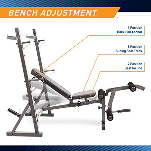 Marcy Olympic Workout Bench for Home Gym Strength Training Equipment with Preacher Curl Pad and Weight Rack Storage, White/Black