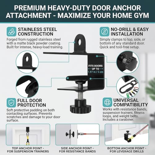 Heavy Duty Door Anchor | No Drill Exercise Band Hook for Home Gym | Fits Doors Up to 1.97 / Workout Straps/Suspension Trainer | Protective Pads & Quick Buckle Included