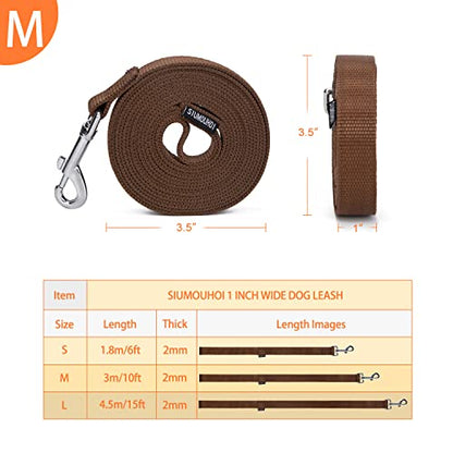 Strong Durable Nylon Dog Training Leash, 1 Inch Wide Traction Rope, 6 ft 10ft 15ft Long, for Small and Medium Dog (Brown, 10 Feet)