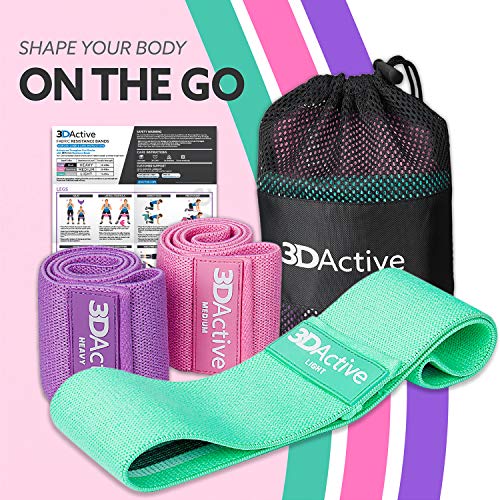 3DActive Fabric Resistance Bands for Legs & Butt. Wide Non-Slip Hip Band Set for Home & Gym Workouts. Exercise Guide & Carry Bag Included. - color: Purple, Pink, Green