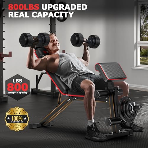 Foldable Workout Bench with Leg Extension, Adjustable Weight Bench w/Preacher Culr, Extended Headrest, Collapsible Bench for Home Gym Strength Training Exercise Full Body Banco de Pesas 880LBS