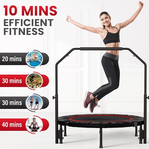 40'' Fitness Trampoline with 4 Levels Height Adjustable Foam Handle, Foldable Mini Rebounder for Adults Home Indoor Workout, 6-Leg Exercise Trampoline, Max Load 330lbs - color: Black without Handle