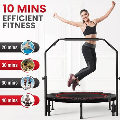 40'' Fitness Trampoline with 4 Levels Height Adjustable Foam Handle, Foldable Mini Rebounder for Adults Home Indoor Workout, 6-Leg Exercise Trampoline, Max Load 330lbs - color: Black without Handle