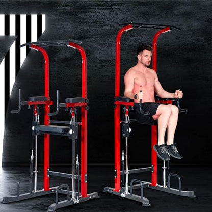Dland Power Tower Dip Station Pull Up Bar Exercise Tower, Multifunctional Adjustable Height Training Equipment for Home Gym, Free Standing Assisted Fitness Workout Pullup Rack Station Machine - color: Red