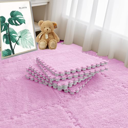 16 PCS Plush Interlocking Carpet Tiles, 0.6" Thick Soft Foam Floor Mat for Baby Crawling, Kids Playroom, Nursery, Bedroom, Living Room & Home Office, Non-Slip Puzzle Floor Tiles(11.8ft, Pink) - color: Pink