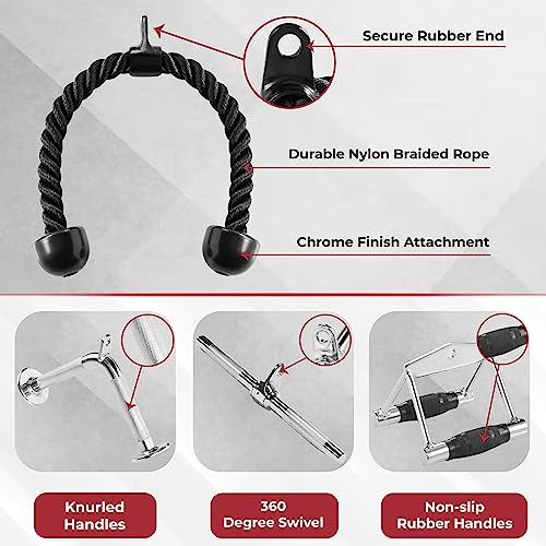 Yes4All Cable Machine Attachment, Row Handles, Tricep Rope, Straight Bar, V Bar, LAT Pulldown Accessories Load 880 LB for Home Gym - color: E. Tricep Rope + Double D + Straight Bar + V Bar