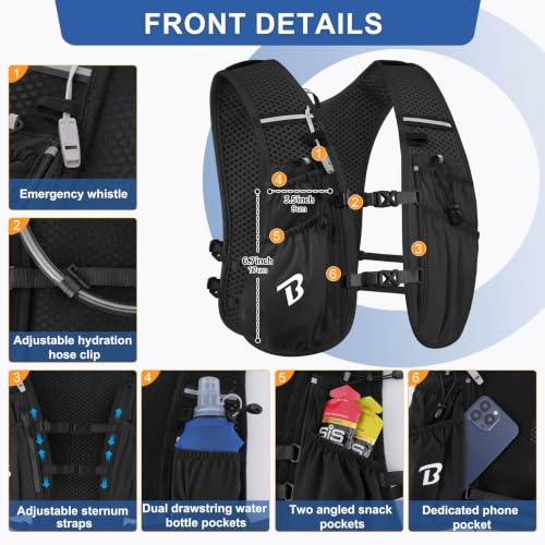 BECOJADDE Running Vest for Women Men, 5L/6L Lightweight Hydration Backpack Running Pack for Marathon, Trail, Cycling, Hiking, Jogging - color: Jet Black