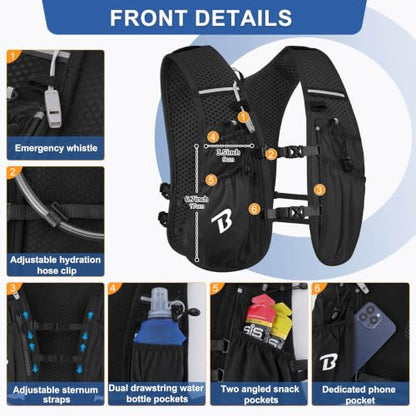 BECOJADDE Running Vest for Women Men, 5L/6L Lightweight Hydration Backpack Running Pack for Marathon, Trail, Cycling, Hiking, Jogging - color: Jet Black