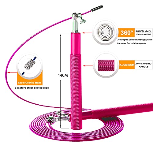Speed Jump Rope - 360° Swivel Ball Bearing - Adjustable steel coated rope-Aluminum Anti Skipping Handle -Fitness Training Boxing Sports Exercises -Suitable for Kids and Adults - color: Pink