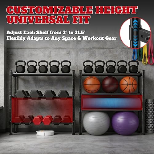 Sturdy Dumbbell Rack for Home Gym Storage | Adjustable Tiered Weight Rack | 3-Tier Metal Black Powder-Coated | Ideal for Dumbbells, Kettlebells, and Medicine Balls Storage