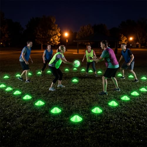 Hiboom Glow in The Dark Football Cones Light up Agility Soccer Cones with Carry Bag for Sports Training Glow in The Dark Games Field Cone Markers Basketball Football Coaching