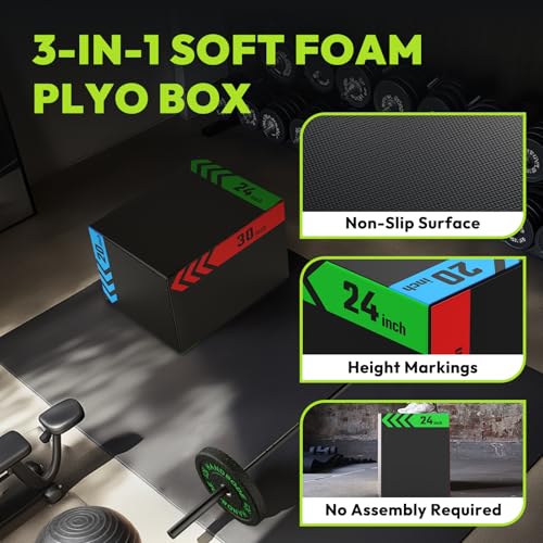 3-in-1 Plyo Box – Plyometric Jump Box with Durable High-Density Foam Core and Non-Slip Surface for Box Jumps, Squats, and Home Gym Workouts - style: Heavy Foam-20x24x30 inch (66lb)