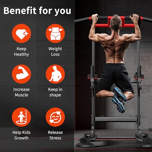 DlandHome Pull Up Bar Power Tower Dip Station, Height Adjustable Heavy Duty Workout Dip Stand, Multi-Functional Strength Training Machine for Men Women Home Gym - color: Black