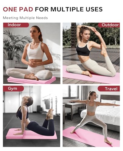HAPBEAR Foldable Yoga Mat - 72"x24"x0.24" (6mm), Non-Slip TPE Exercise Mat for Home Workout, Yoga, Pilates,Stretching, & Travel, Durable & Eco-Friendly, Includes Carry Bag - color: Pink