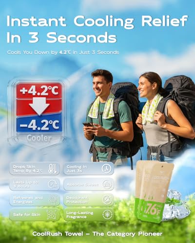 CoolRush Towel, Ice Neck Wraps for Extreme Heat, Large Cooling Body Wipe No Rinse, Chilly Wet Rags for Workout, Lake, Walking, Fishing, Running, Festival, Soccer, Cruise, Rave, River Must Have
