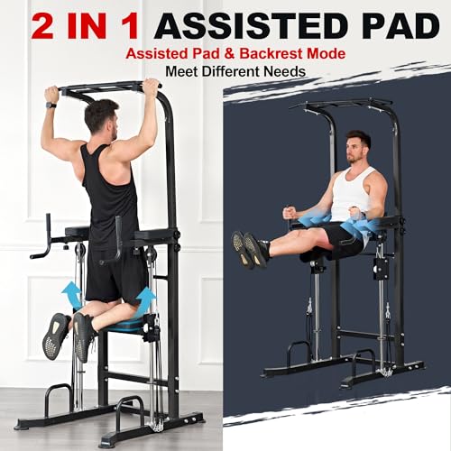 soges Power Tower Pull Up Bar Station, Height Adjustable Multi-Function Dip Station with Assisted Pad for Home Gym, 330Lbs Capacity Full Body Strength Training Workout Equipment for Beginners & Pros