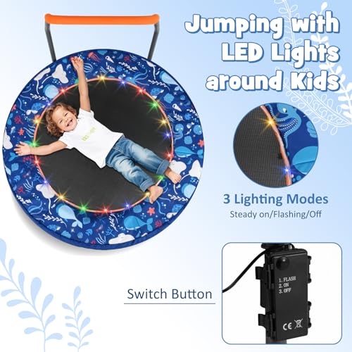 GYMAX 36” Toddler Trampoline with Lights, Folding Springless ASTM Approved Small Kids Rebounder with Foam Handle, Safety Padded Cover & Foldable Legs, Mini Indoor Baby Trampolines - color: Dark Blue