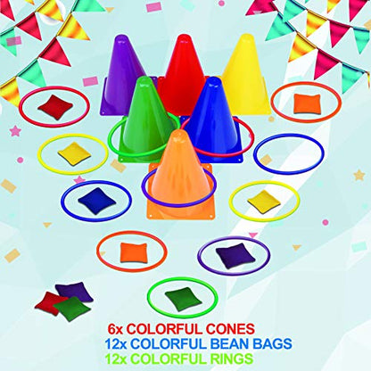 31PCS 3 in 1 Carnival Outdoor Games Combo Set for Kids, Soft Plastic Cones Bean Bags Ring Toss Game, Gift for Birthday Party/Xmas