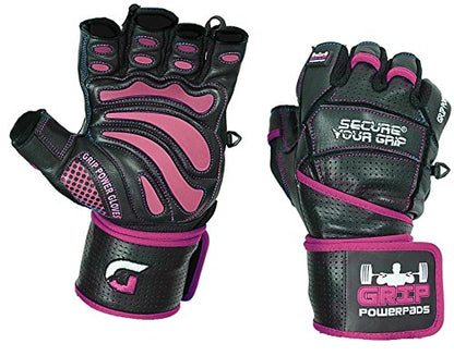 Grip Power Pads Leather Gym Gloves for Women – Built-in 2" Wrist Wraps, Pink Weightlifting, Powerlifting, Bodybuilding Workout
