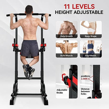 Pooboo Power Tower Dip Station Pull Up Bar for Fitness Home Gym Workout,Multi-Function Adjustable Height Fitness Strength Training Exercise Equipment (Black)