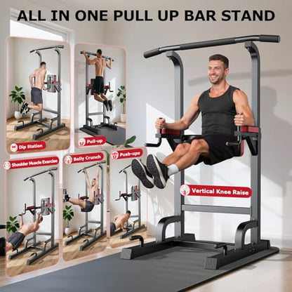 Pooboo Power Tower Dip Station Pull Up Bar for Fitness Home Gym Workout,450 Pounds Multi-Function Adjustable Height Fitness Strength Training Exercise Equipment,with Power Elastic Ropes - color: Black Red-02