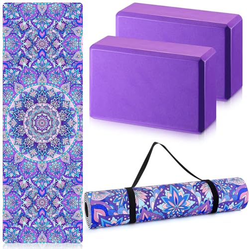 Tinideya 3 Pcs Yoga Mat Yoga Block 6 MM Thick Yogas Mat Non Slip with Carrying Strap Travel Mats for Exercise, Fitness, Pilates, Floor Workouts