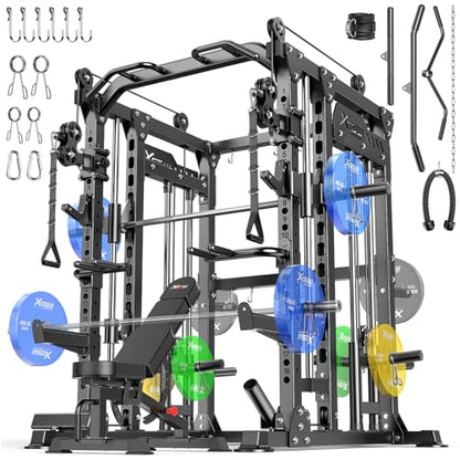 Smith Machine with Cable Crossover System, Multi-Function Power Cage Squat Rack for Home Gym, Power Rack and Packages Weight Sets.