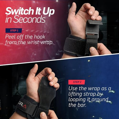 Dr. Arthritis Doctor Developed 3-in-1 Lifting Straps, Hooks & Wrist Wraps - Switch Between Modes in Seconds - Heavy Duty Grips for Bodybuilding, Powerlifting, Deadlifts, Pull-Ups & Rows (Pair, Black) - color: Black