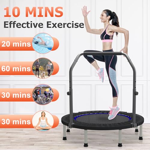 HYD-Parts 40" 48" Mini Trampoline for Adults and Kids Exercise Rebounder with Adjustable Bar Fitness Trampoline Indoor Max Load 330 440lbs - color: Blue-48in
