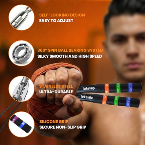 Speed Jump Rope for CrossFit & Boxing - Secure Self-Locking Adjustable Skipping Rope for Men & Women - Anti-Slip Aluminum Handles & Smooth Ball Bearings for Double Unders, HIIT, Home Gym (2 Cables Included)