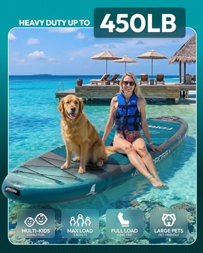 11'6"x35" Inflatable Paddle Board, 450lbs Extra Wide Stand Up Paddleboard for Adults with Premium SUP Accessories Kit & Backpack, Blow Up Kayak Non-Slip Stable Deck Boat for Yoga Fishing Surf - style: Dark Forest Wood Grain/kayak seat