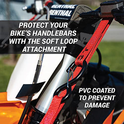 Heavy Duty Motorcycle Tie Down Straps - 1" x 8' Cam Buckle Straps with Soft Loops & Safety Hooks - Secures Motorbikes, Dirtbikes, ATV, UTV - 2 Pack Red - color: Red