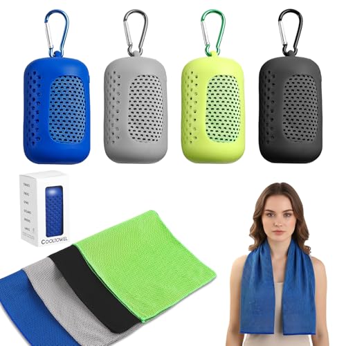 4 Pack Cooling Towels with Silicone Carry Cases, Microfiber Ice Towel for Yoga, Running, Gym, Workout, Sport, Fitness - Soft Breathable Chilly Towel Set with Cooling Neck Wraps & Gift Box