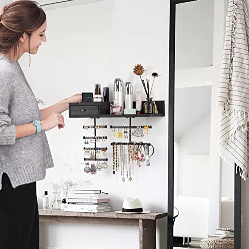 Jewelry Organizer Hanging Wall Mounted Jewelry Holder with Rustic Wood Drawer & Large Capacity Storage Shelf Rack Display for Earrings Rings Necklaces Bracelet(Black) - color: Black