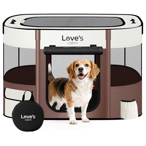Love's cabin Pet Puppy Dog Playpen, Large Dog Tent Crates Cage Indoor/Outdoor, Portable Exercise Playpen for Cat, Foldable Pop Up Dog Kennel Playpen with Carring Case (L, Brown) - color: Brown, style: Large