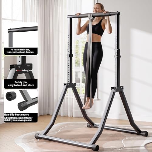 Foldable Power Tower Dip Station for Pull Ups, 66.1"-84.6" 12 Level 700 LBS, Adjustable Dip Handles & Assistance Bands Foldable Home Gym Equipment - color: 66"-85" with Assistance Bands