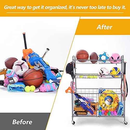 Kinghouse Rolling Sports Equipment Organizer with Wheels, Garage Ball Storage Rack for Basketball, Toys, for Garage, Indoor, Gym, Outdoo, Includes Metal Storage Bin, Bat Holder, Hooks