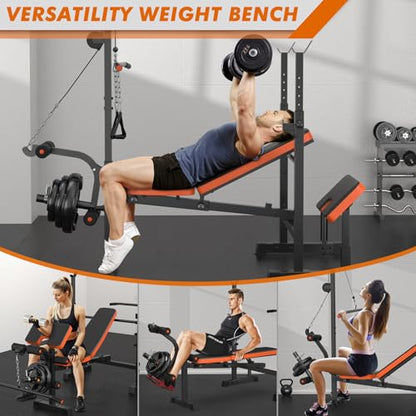 XDDIAS Bench Press Set, 880LBS Adjustable Weight Bench with Leg Extension and Preacher Curl Pad, 8 IN 1 Multi-Function Gym Bench with LAT Pulldown Pulley System, Full-Body Workout Home Gym Equipment - color: Black