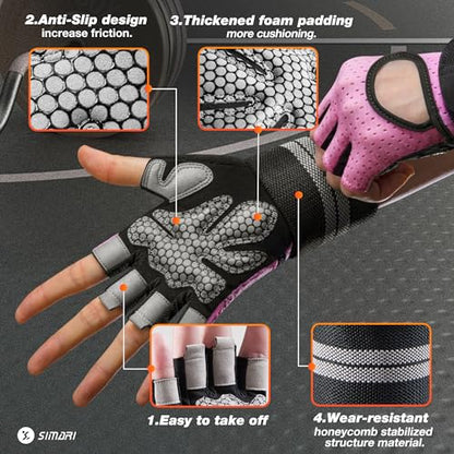 SIMARI Breathable Workout Gloves for Men Women, Padded Weight Lifting Gloves with Wrist Wraps Support, Full Palm Protection, Grip for Gym Training, Fitness, Weightlifting, Exercise Fingerless Black