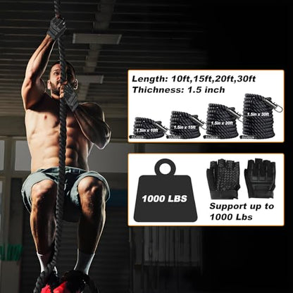 Climbing Rope Gym Workout - 1.5 Inch Dia 10FT 15FT 20FT 25FT 30FT 35FT 40FT 50FT Heavy Duty Work Out Rope Exercise Climbing Ropes for Adults Kids Fitness & Strength Training Outdoor & Indoor - Black