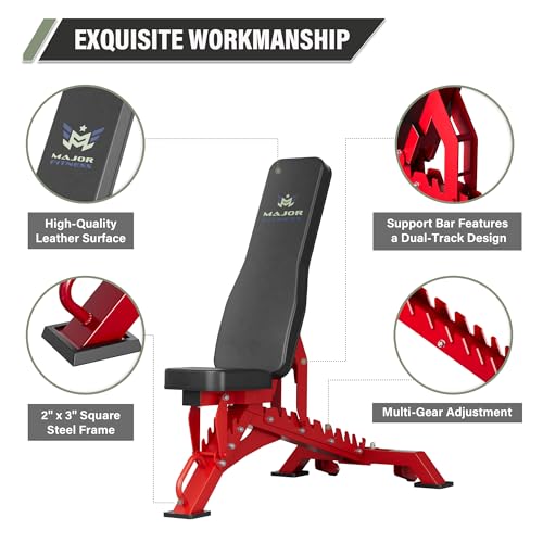 MAJOR FITNESS Weight Bench - 1300LBS Weight Capacity and 36 Adjustable Positions Strength Training Bench for Garage and Home Gym Workouts - color: Red