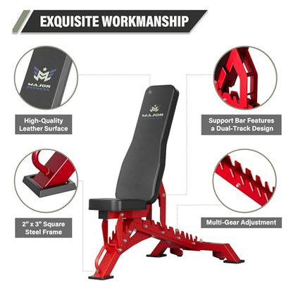 MAJOR FITNESS Weight Bench - 1300LBS Weight Capacity and 36 Adjustable Positions Strength Training Bench for Garage and Home Gym Workouts - color: Red