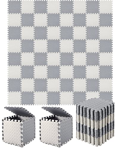 Shihanee Foam Floor Tiles Foam Floor Mats Play Mats Bulk with Borders Interlocking for Gym Nursery Bedroom(64ft,Gray, White) - color: Gray, White