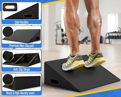 Slant Board, 19" Wide Wooden Calf Stretcher Slant Board for Calf Stretching, Knees Over Toes, Weightlifting and Heel Elevated Squats for Strength & Flexibility Training