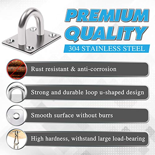 2PCS M8 Premium Heavy Duty Square Stainless Steel Pad Eye Hooks + 2PCS Snap Hooks and 8PCS Screws with 8PCS Plastic Expansion Tube, Ceiling Hooks Heavy Duty for Outdoor Indoor Activity