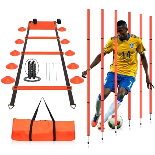 Soccer Agility Training Equipment, Includes 20ft Agility Ladder, 6 Adjustable Agility Poles, 10 Disc Cones, Jump Rope-Speed Training Set for Soccer Football Basketball Athletes - color: Orange