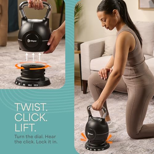 LifePro 7-in-1 Adjustable Kettlebell – PowerStone, Die-Cast Aluminum & Steel, Space-Saving Set with Handle-Twist Adjustment – Strength Training Kettlebell with Storage Base - size: 23.9 Pounds