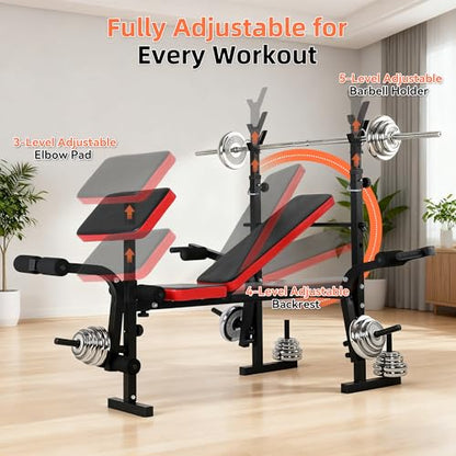 Weight Bench, Adjustable Weight Bench with Bench Press Rack, 550 LB Foldable Weight Lifting Bench with Leg Extension, Preacher Curl Pad & 5-Level Barbell Holder for Home Gym Strength Training